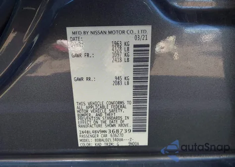 2021 Nissan Altima S Fwd z USA, uszkodzony, nr VIN 1N4BL4BV9MN368739